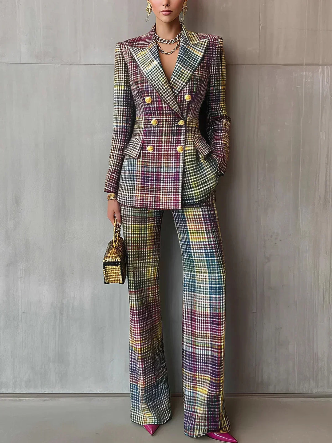 Elegant women's multicolour V-neck pant set. Tailored two-piece formal wear, perfect for office or chic sophisticated style.
