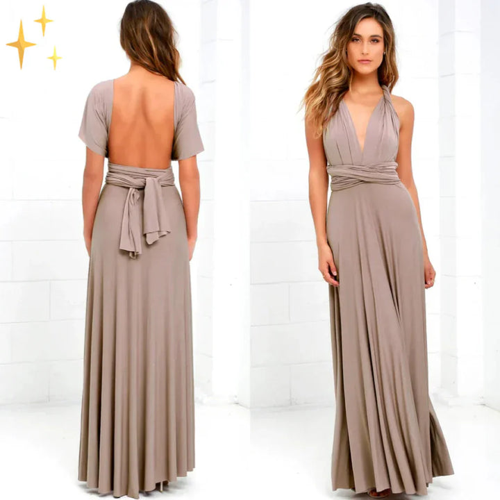 Long women's convertible maxi dress, ideal as an evening gown for formal events & parties. Versatile & chic.