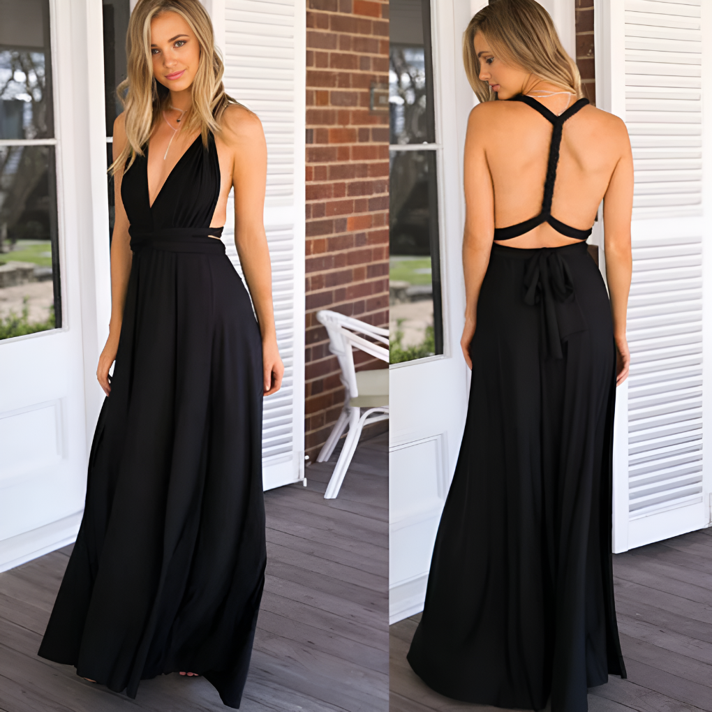 Sleeveless women's multiway wrap maxi dress, flowing fabric, suitable for evening, party, or special occasions.