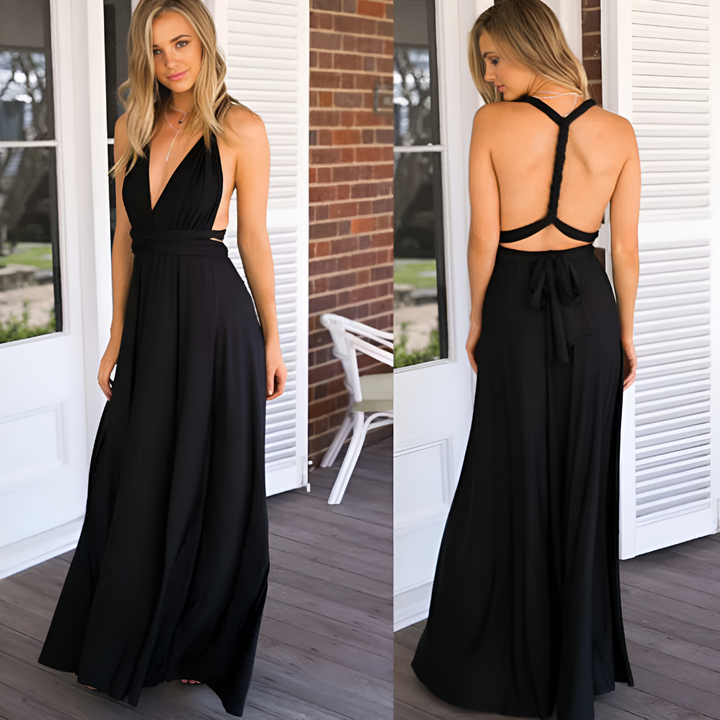Sleeveless women's multiway wrap maxi dress, flowing fabric, suitable for evening, party, or special occasions.