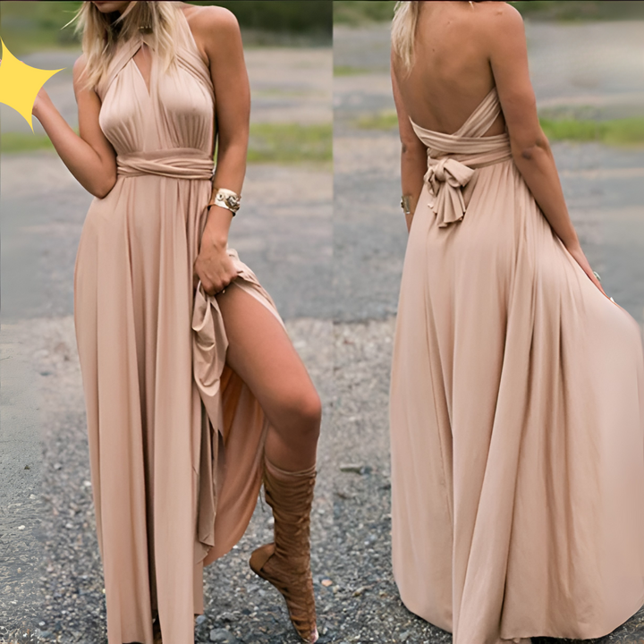 Sophisticated women's convertible maxi dress. Multiway design for elegant evening wear & formal occasions.