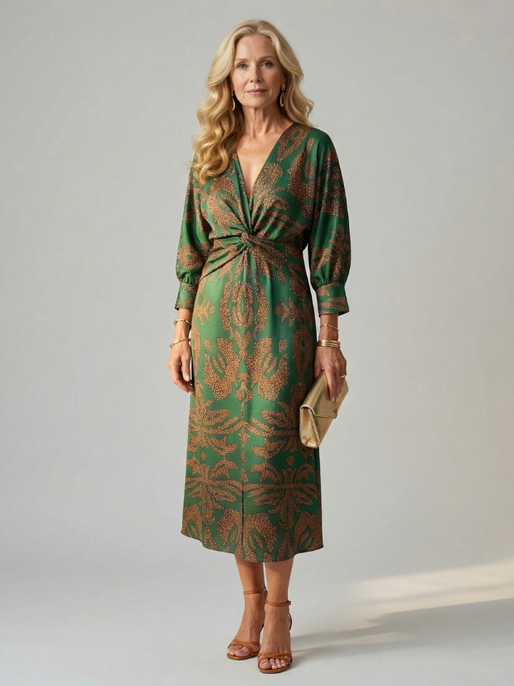 Elegant women's natural wrap midi dress with long sleeves for versatile everyday and occasion wear.