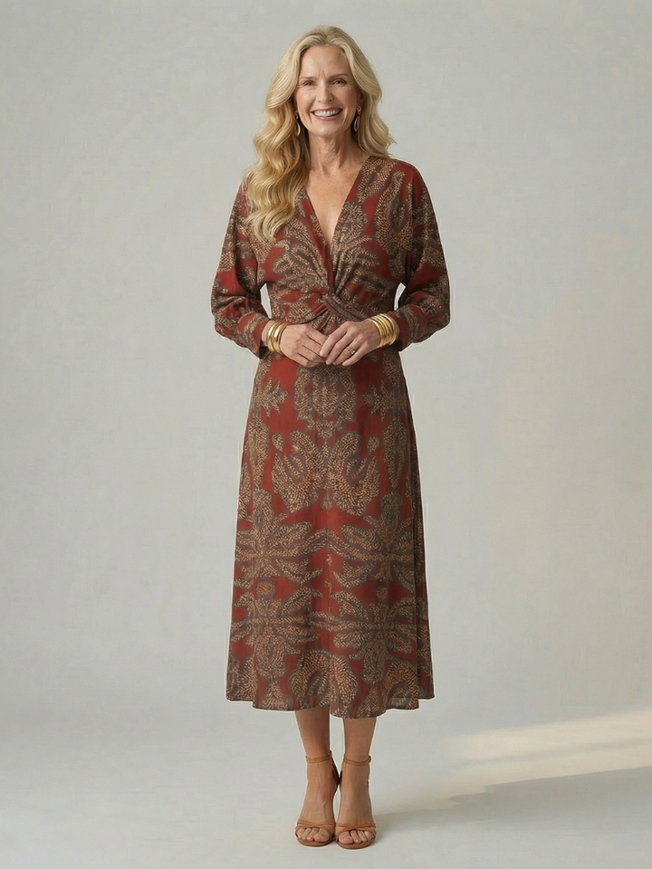 Perfectly flattering women's long sleeve wrap midi dress for elegant and comfortable daily wear.