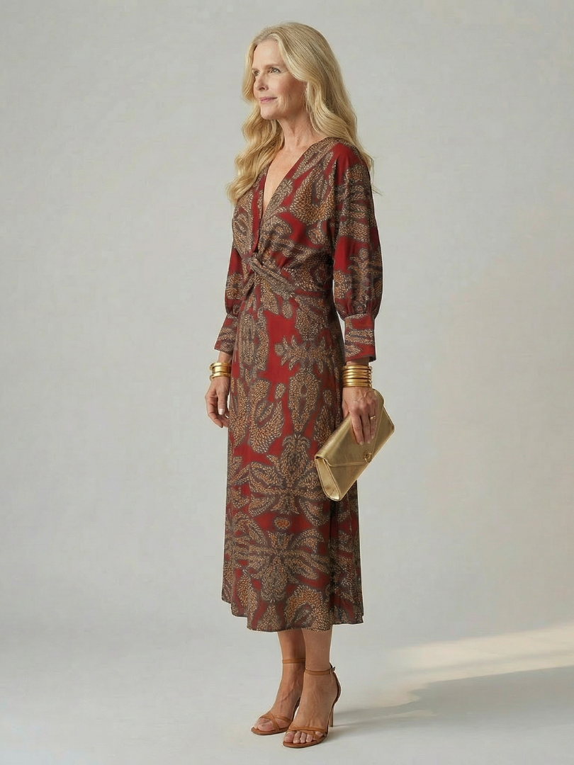 Versatile women's long sleeve wrap midi dress, suitable for elegant events or comfortable everyday fashion.