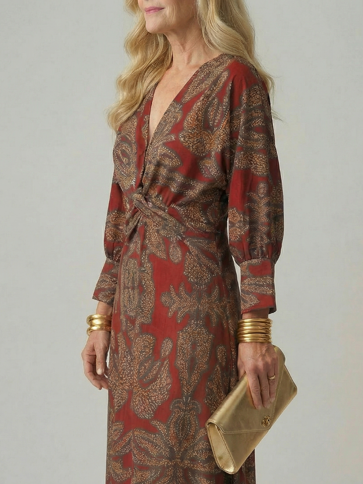 Chic women's natural wrap midi dress, long sleeve style for elegant, comfortable spring/autumn wear.
