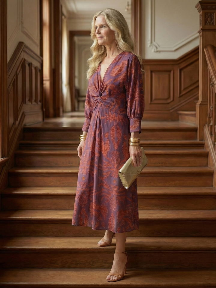 Essential women's elegant long sleeve wrap midi dress, comfortable and flattering for everyday autumn/spring.