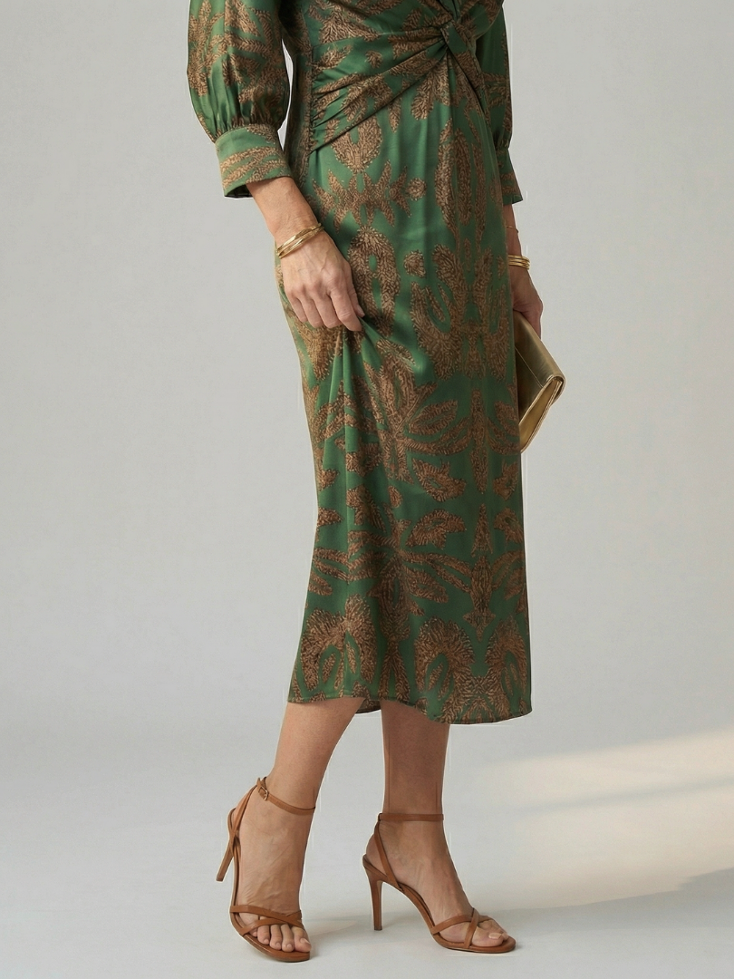 Comfortable & versatile women's long sleeve midi wrap dress, ideal for casual or elegant looks.