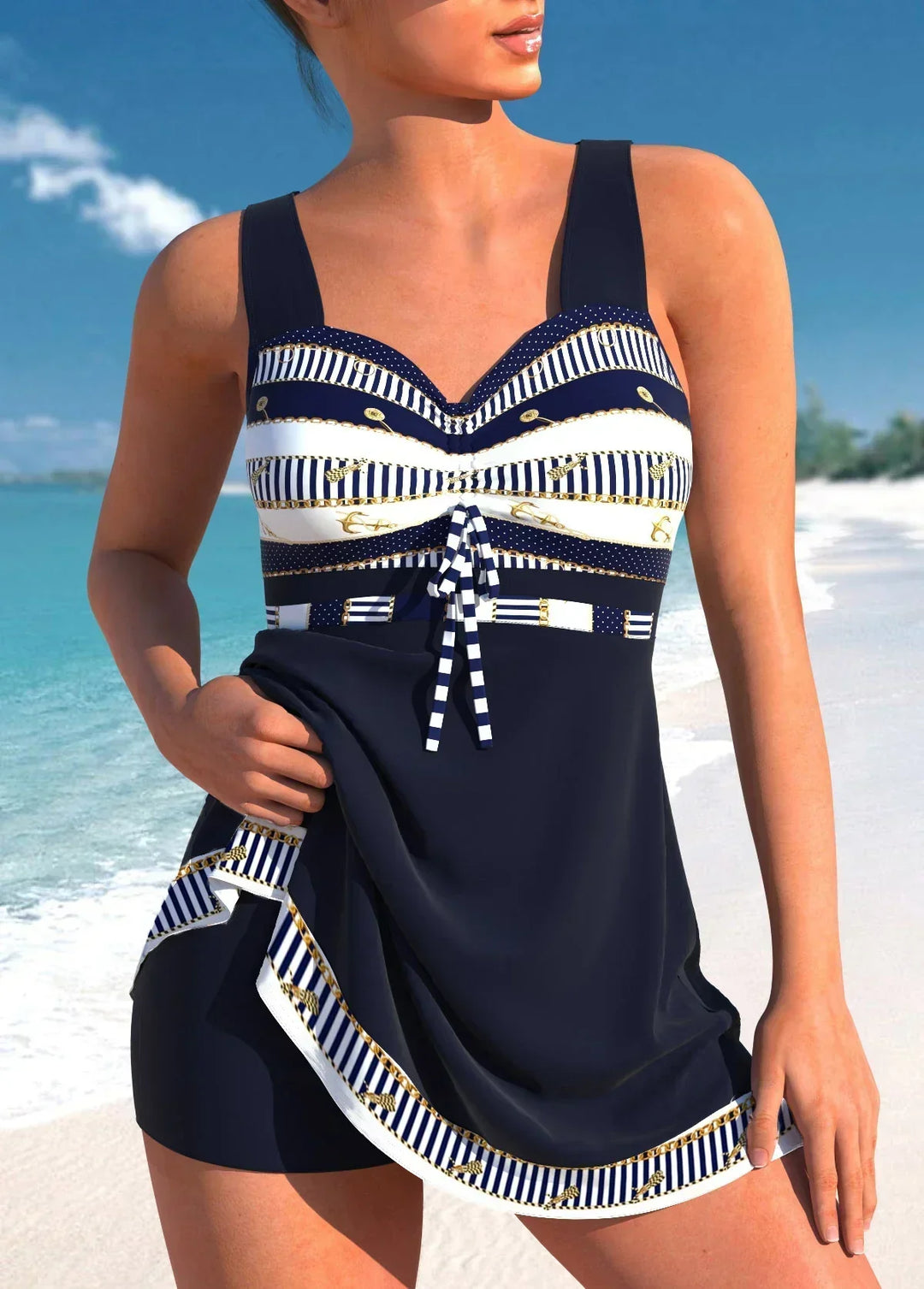 Stylish women's one-piece swimsuit with classic nautical design, elegant for summer pool fashion & beach outings. Vacation ready.