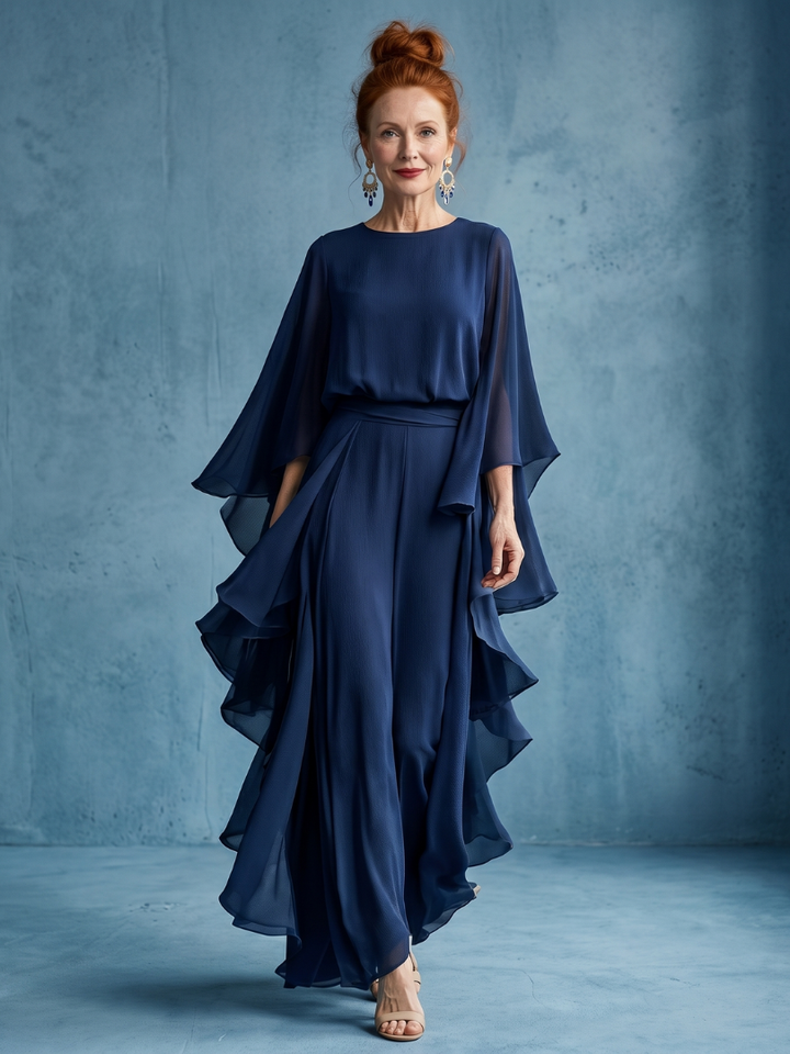 Elegant women's navy midi dress with layered sleeves & drape waist, perfect for versatile sophisticated wear.