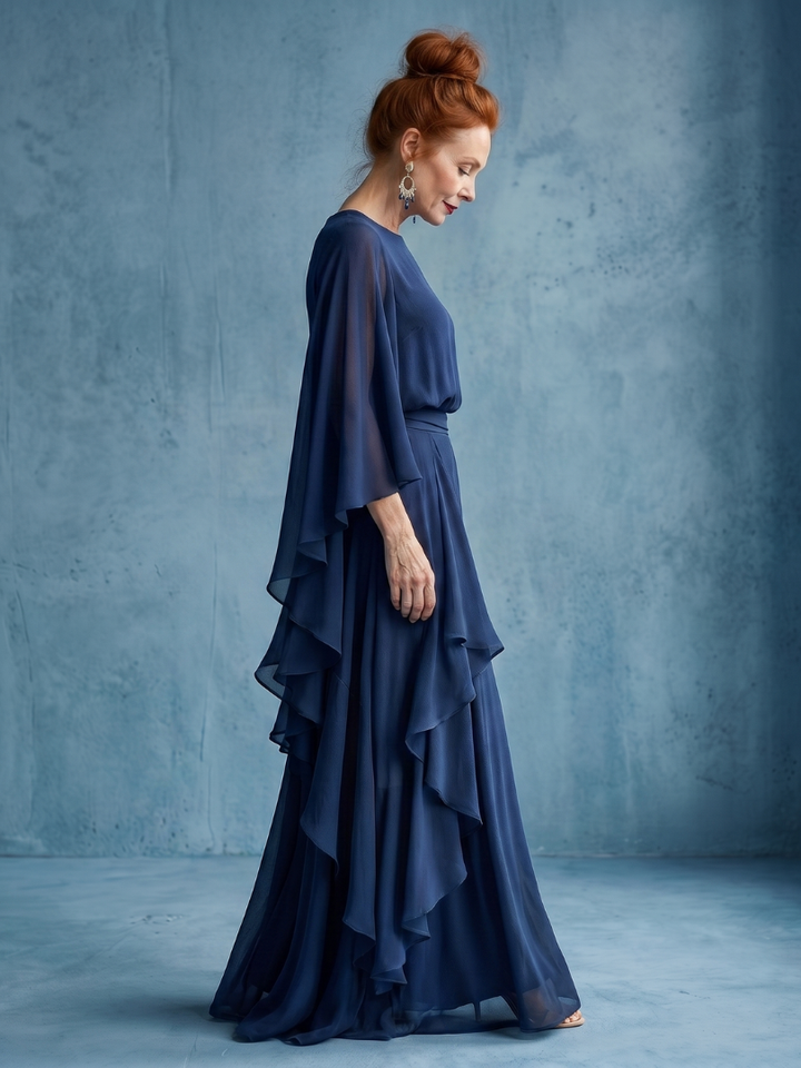 Women's sophisticated navy midi dress featuring stylish layered sleeves & flattering drape waist.