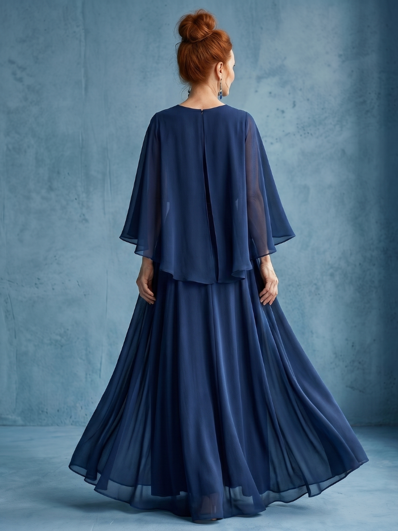 Navy midi dress for women, featuring elegant layered sleeves and a sophisticated drape waist, flowy design.