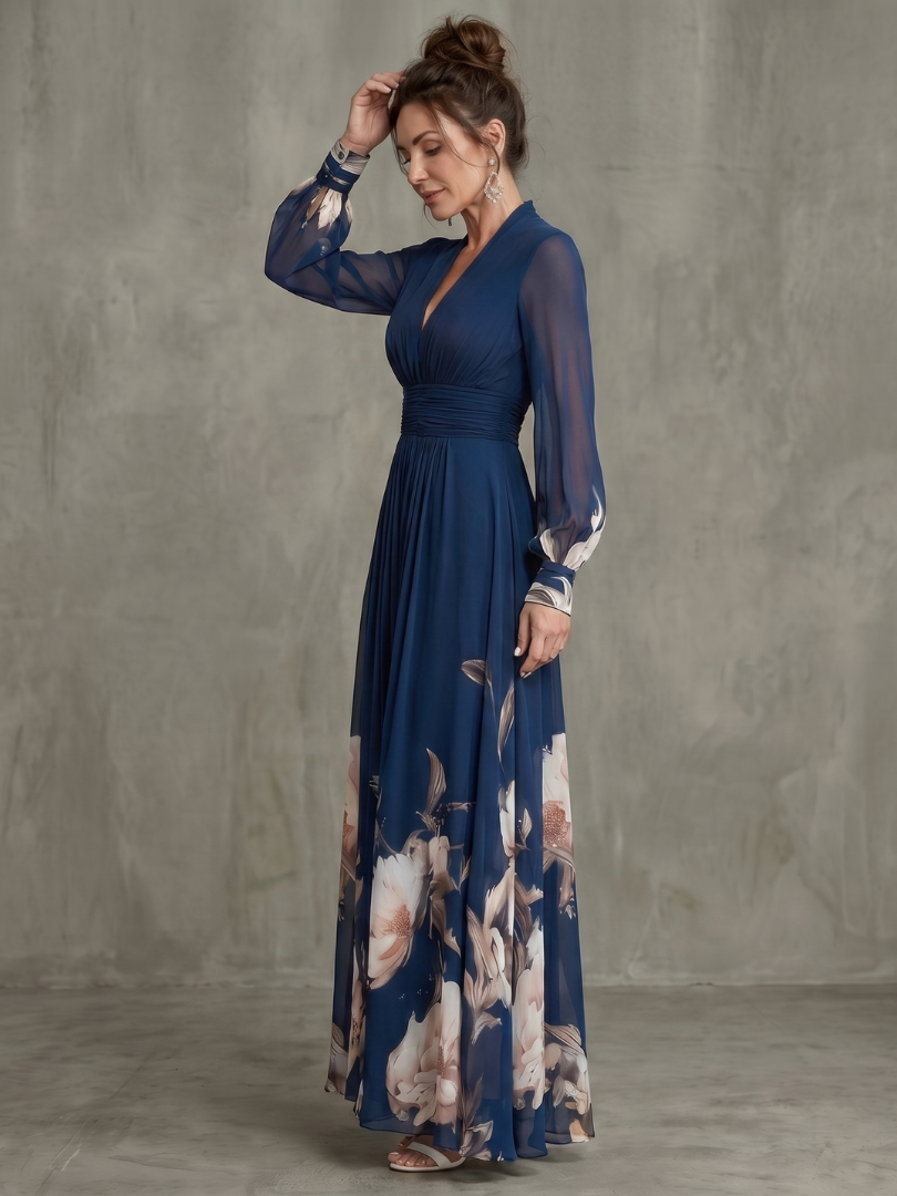 Women's navy long dress featuring delicate pleats and stylish sheer puff sleeves, ideal for evening wear.