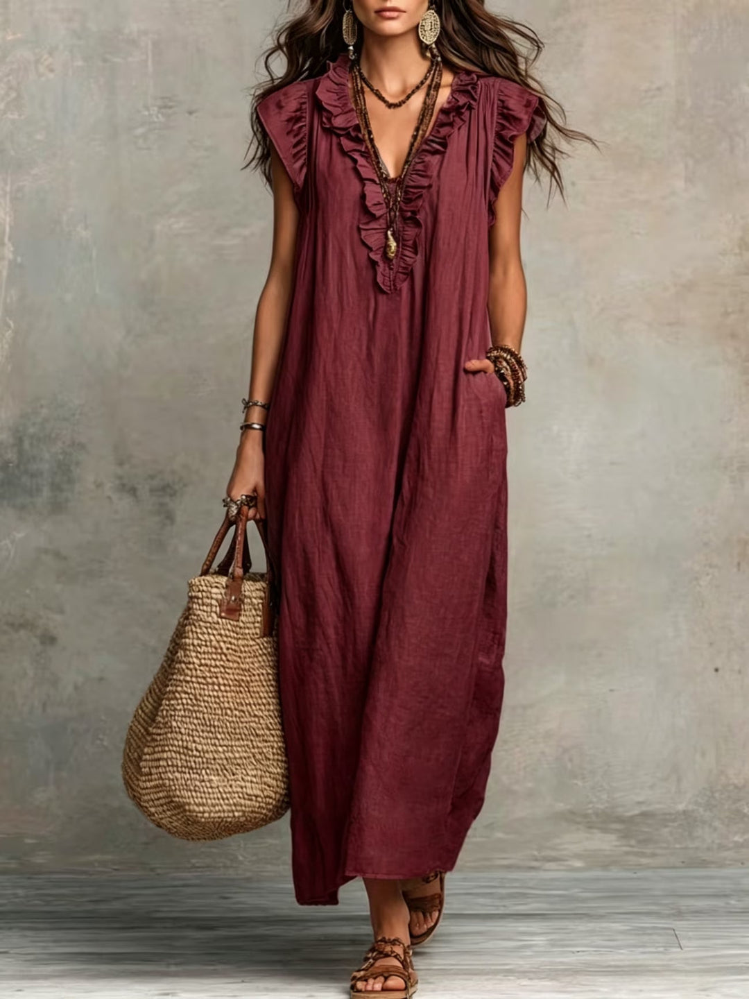 Stylish red Nola Ruffle Sleeveless Dress for women, elegant and comfortable for summer or evening occasions.