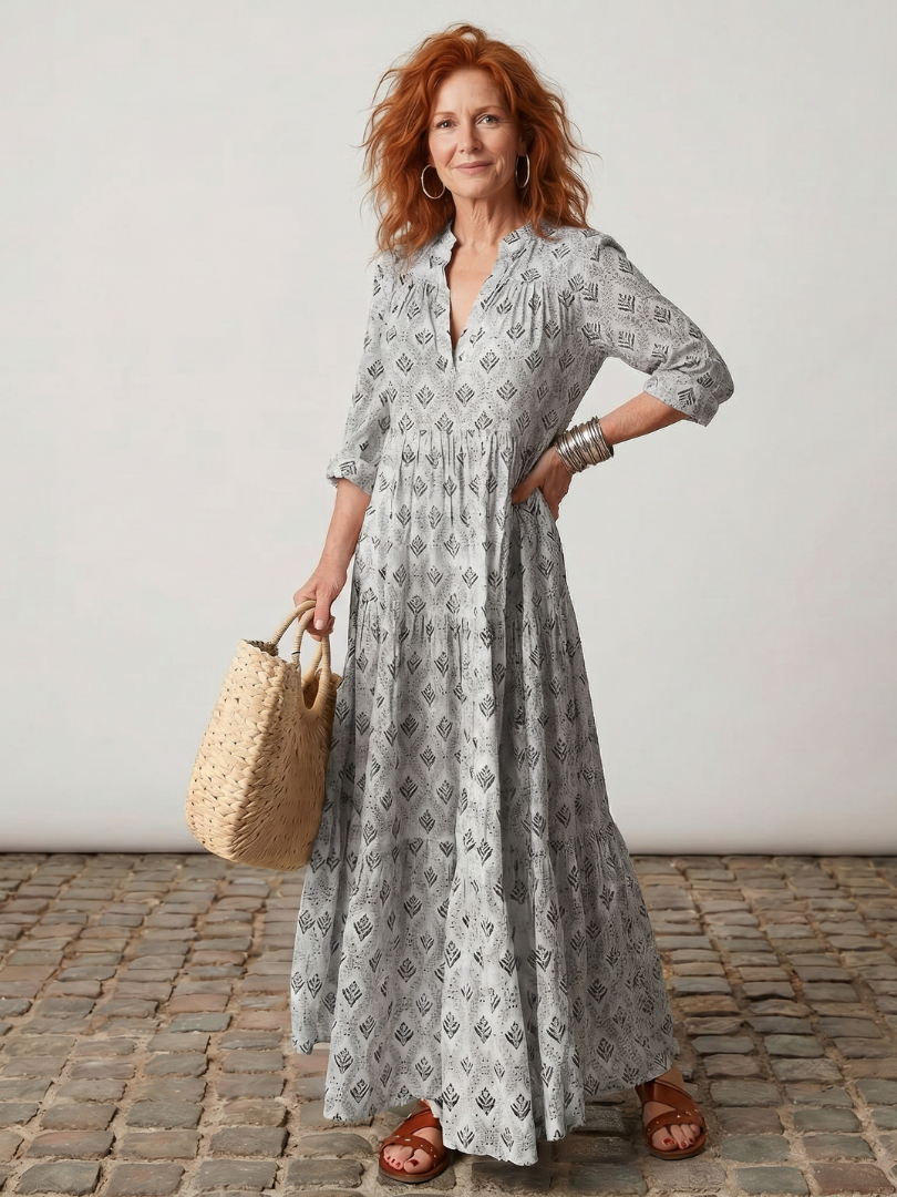 Women's fashion essential: Printed long sleeve maxi dress, elegant and casual, with a stylish notch neck.