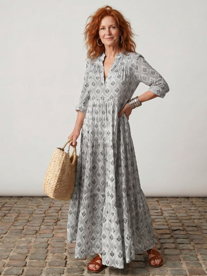 Women's fashion essential: Printed long sleeve maxi dress, elegant and casual, with a stylish notch neck.