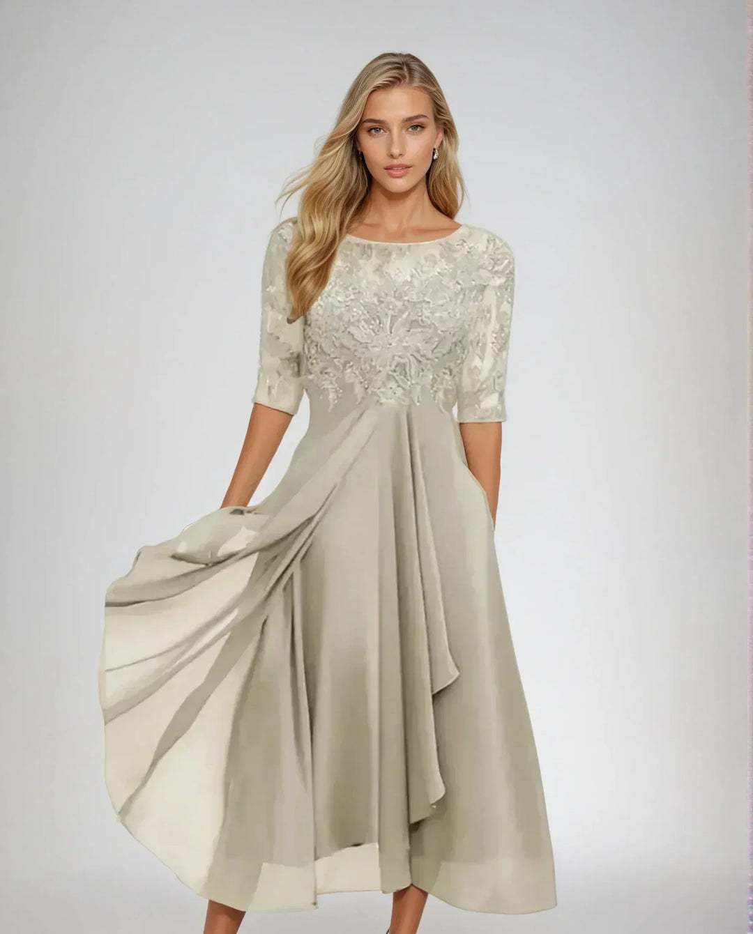 Chic women's party dress for evening events. Elegant formal occasion wear, a sophisticated & graceful cocktail gown.