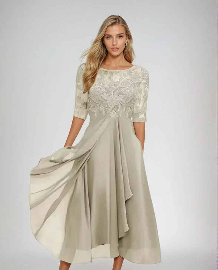 Chic women's party dress for evening events. Elegant formal occasion wear, a sophisticated & graceful cocktail gown.