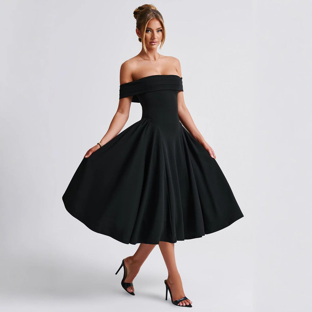 Elegant women's off-shoulder A-line midi dress, perfect for evening or formal occasions.