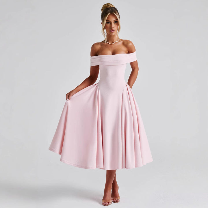 Feminine off-shoulder A-line midi dress for women, offering an elegant and stylish look.