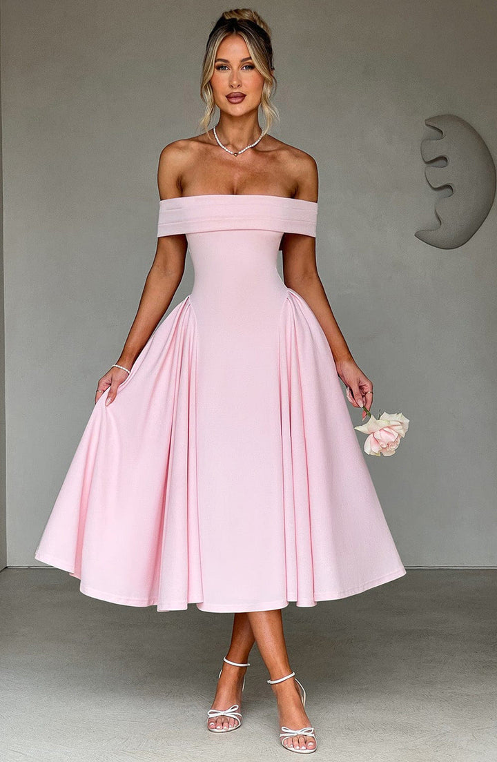 Women's formal off-shoulder A-line midi dress, a sophisticated choice for evening parties.