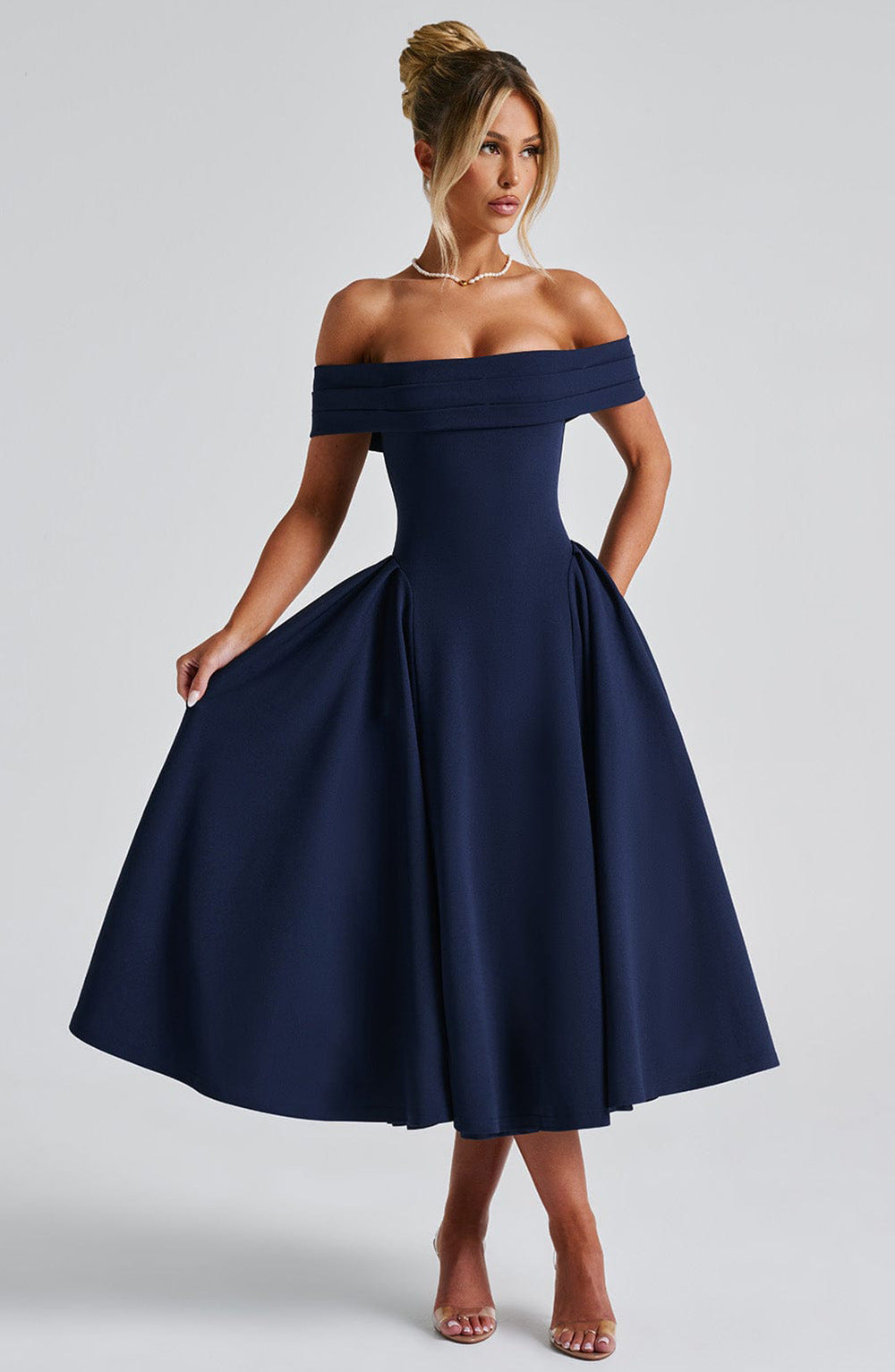 Stylish women's off-shoulder A-line midi dress, perfect for special occasions & evening events.