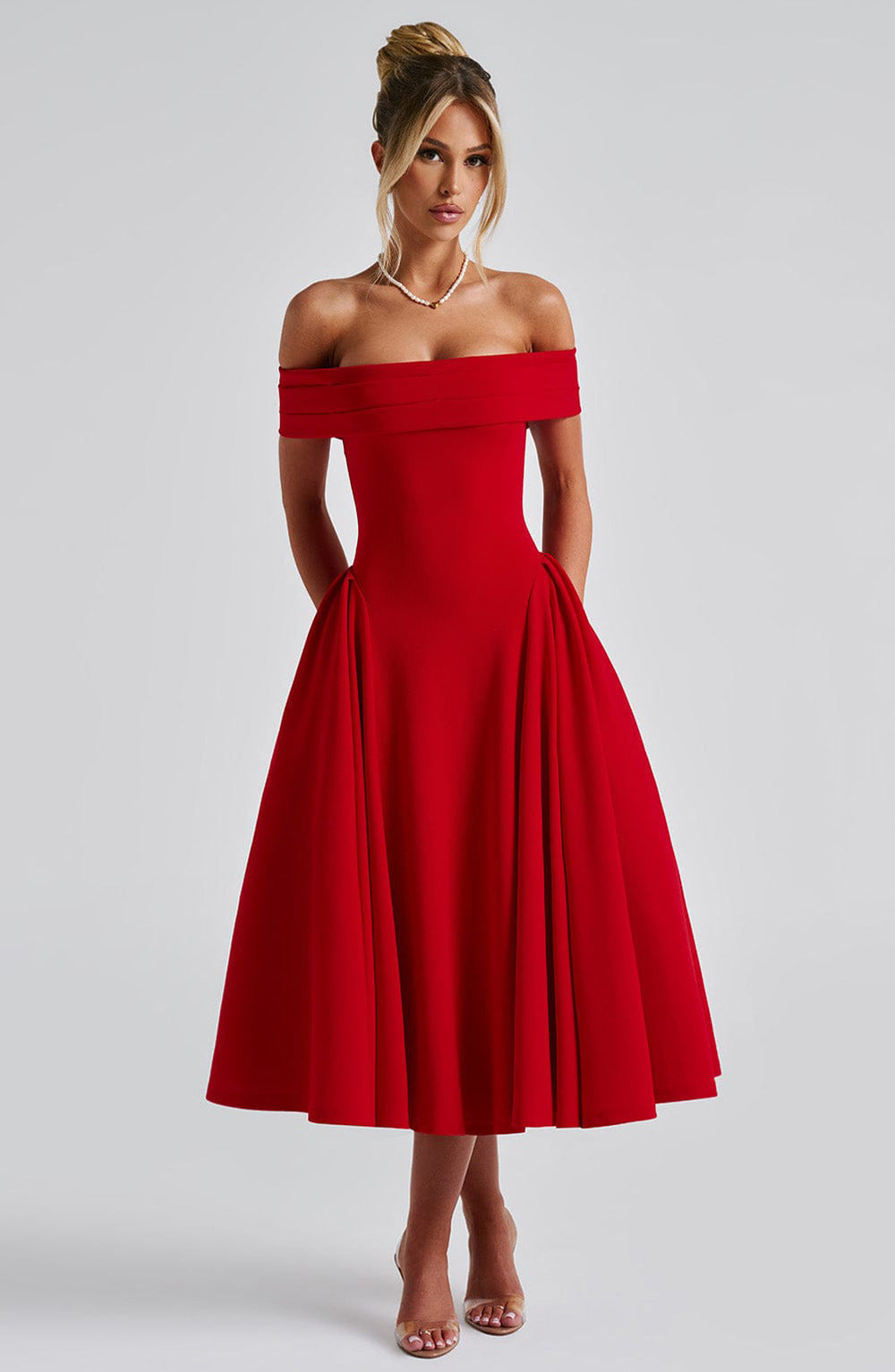 Elegant women's off-shoulder A-line midi dress, a stylish and feminine choice for formal parties.