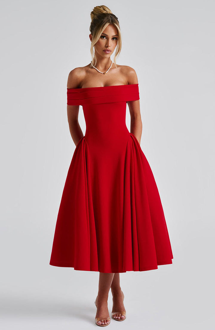 Elegant women's off-shoulder A-line midi dress, a stylish and feminine choice for formal parties.