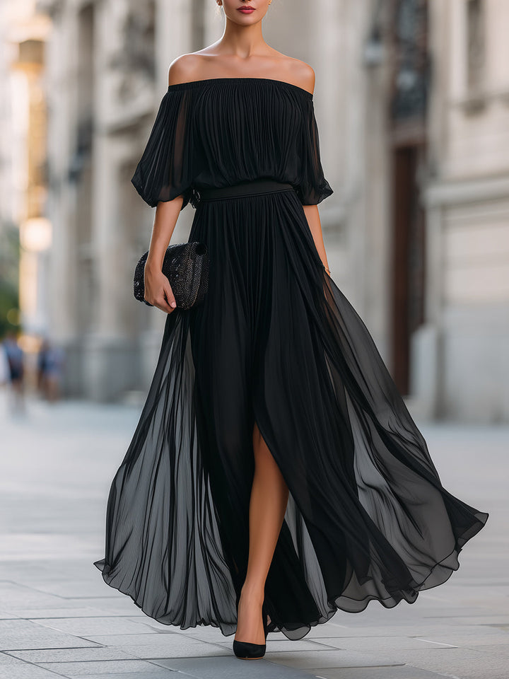 Elegant women's off-shoulder balloon sleeve pleated maxi dress, perfect for formal occasions & parties.