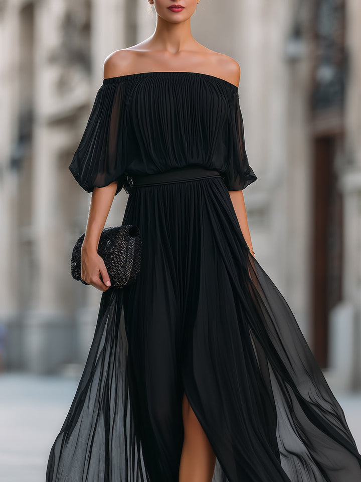 Chic women's occasion dress: off-shoulder, balloon sleeve, and a flowing pleated maxi silhouette.