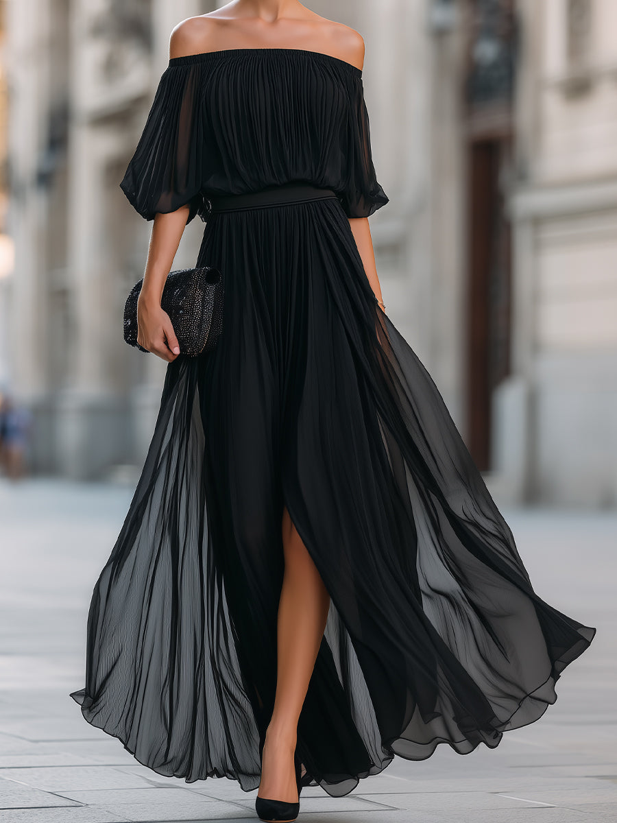 Graceful women's pleated dress in a maxi length, featuring an alluring off-shoulder and balloon sleeves.