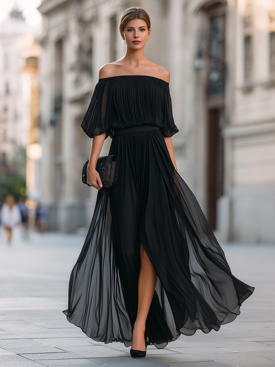 Modern women's off-shoulder balloon sleeve maxi dress with exquisite pleats for an elegant look.