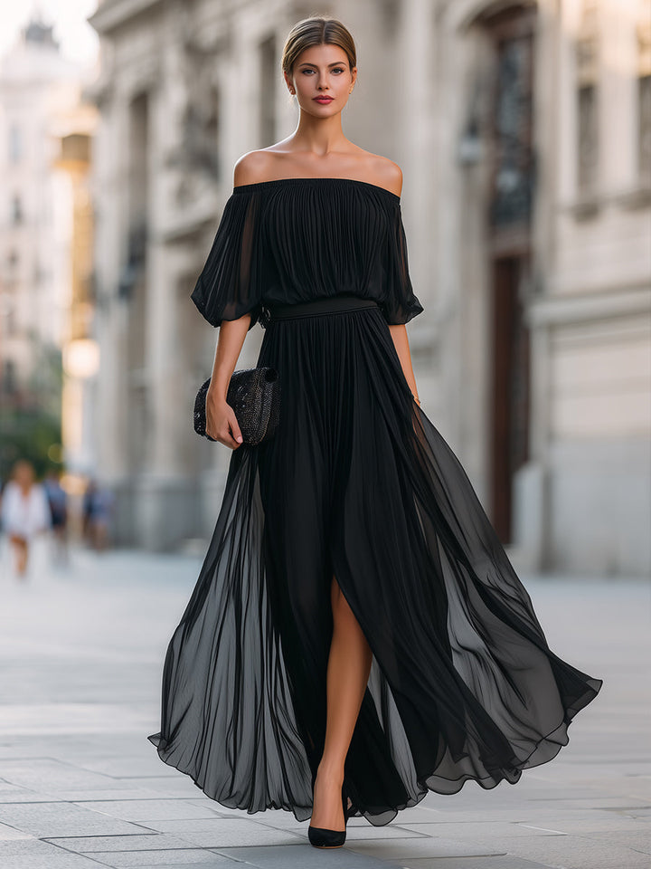 Modern women's off-shoulder balloon sleeve maxi dress with exquisite pleats for an elegant look.