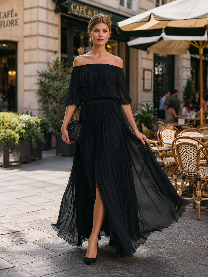 Sophisticated women's pleated long dress, featuring an off-shoulder neckline & chic balloon sleeves.