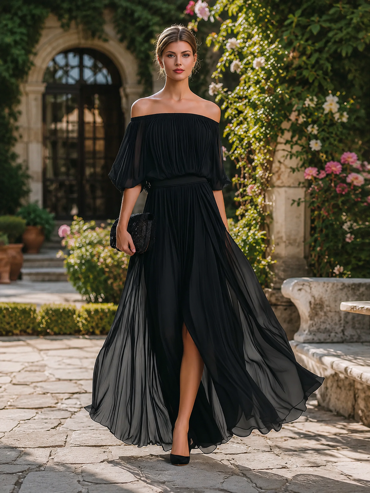 Summer/autumn women's maxi dress: off-shoulder, balloon sleeve, and elegant pleated design.