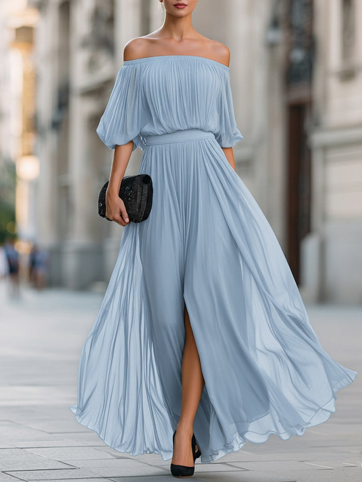 Formal wear for women: a stunning off-shoulder pleated maxi dress with trendy balloon sleeves.