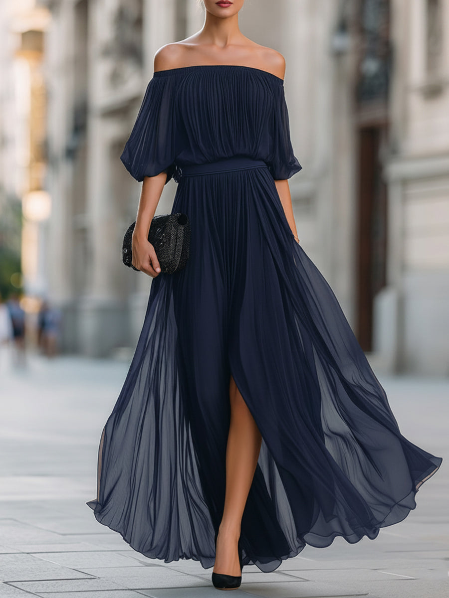 Fashionable women's long dress with an off-shoulder design, pleated skirt, and balloon sleeves.