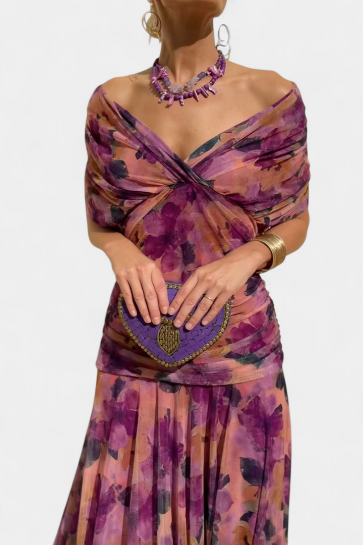 Beautiful off-shoulder maxi dress for women, a sophisticated choice for elegant evening events.
