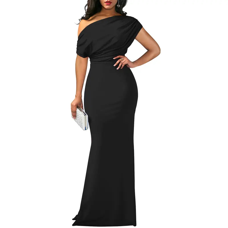 Elegant women's off-shoulder evening gown for formal events. Perfect as a bodycon party or long maxi dress.
