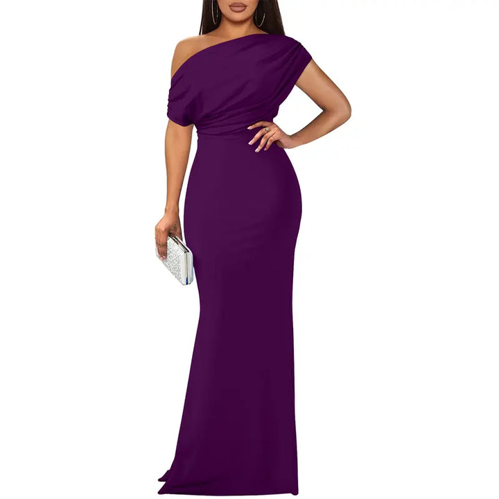 Stunning off-shoulder women's dress, perfect as a formal gown or cocktail party attire. Elegant maxi style.