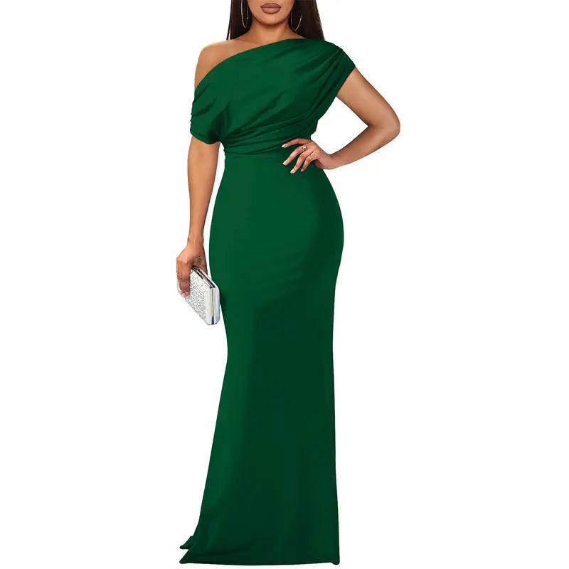 Stylish off-shoulder bodycon party dress for women. Ideal as a long formal gown or cocktail occasion wear.