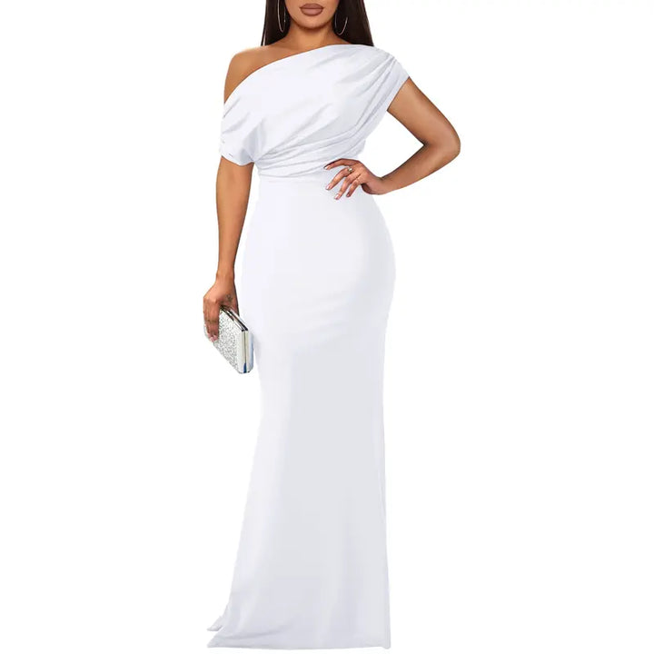 Classic off-shoulder formal evening dress for women. A chic long party gown for elegant occasion wear.