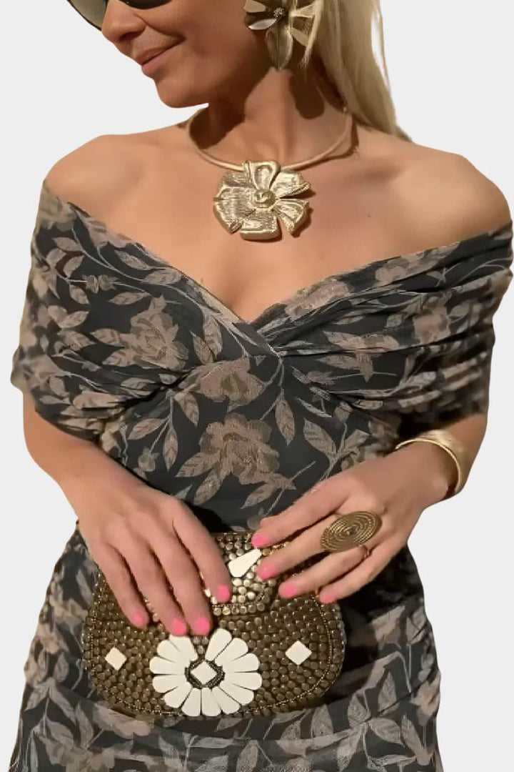 Sophisticated women's off-shoulder floral maxi dress, perfect for elegant summer and party wear.