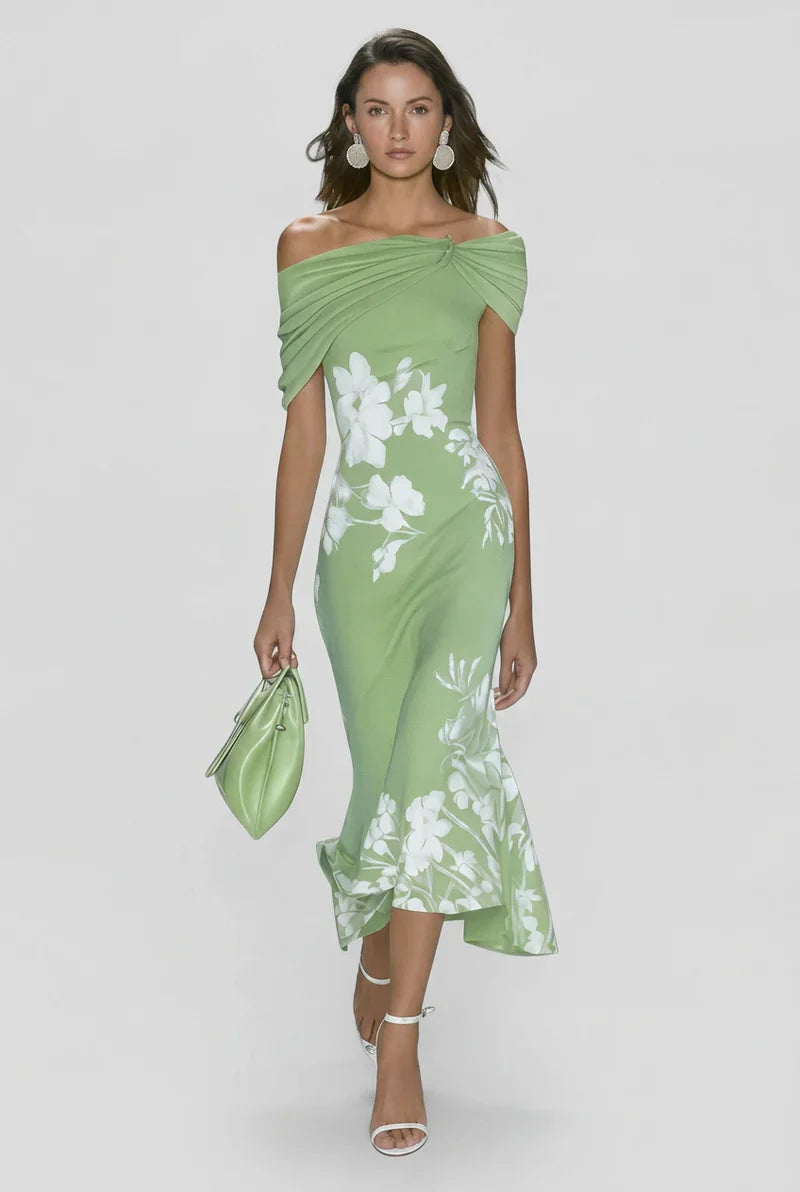Elegant women's off-shoulder floral midi bodycon dress for evening parties.