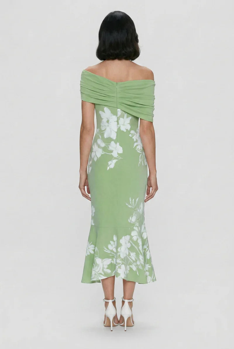 Chic floral print midi bodycon dress with an off-shoulder neckline.