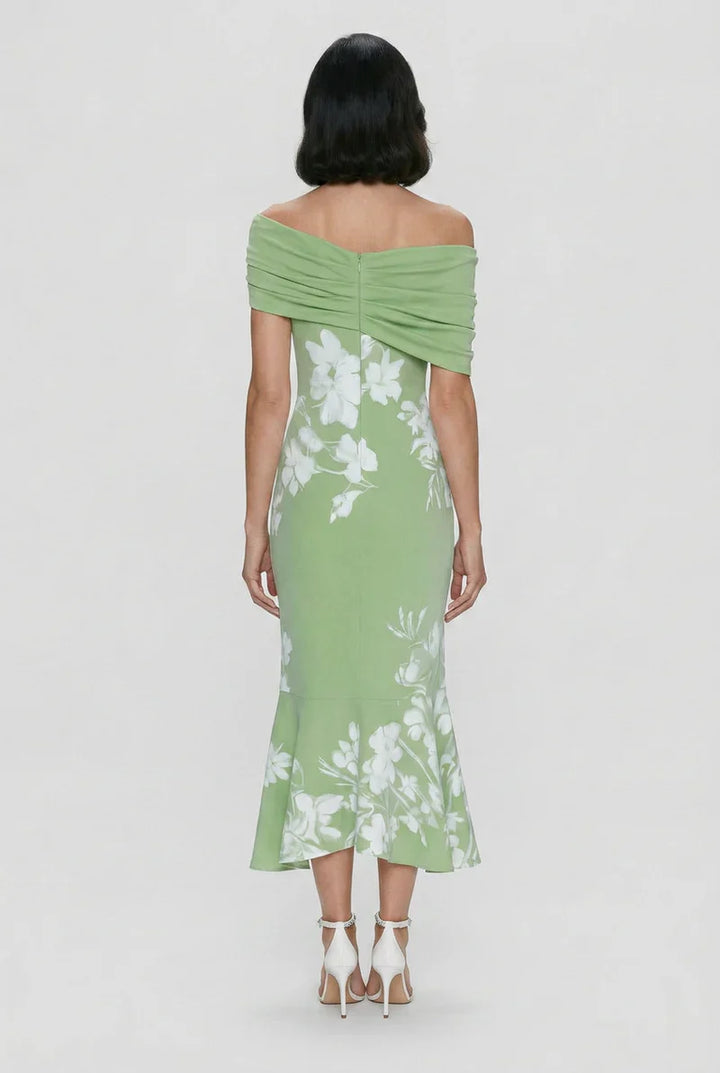 Chic floral print midi bodycon dress with an off-shoulder neckline.