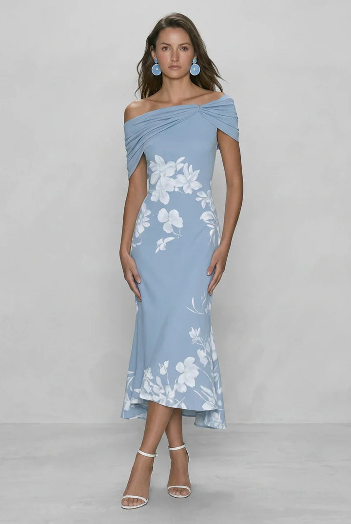 Women's elegant off-shoulder midi dress with a flattering bodycon fit.