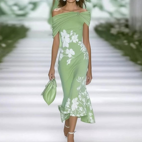 Elegant women's off-shoulder floral midi dress, perfect for summer parties & elegant occasions. Stylish women's fashion.