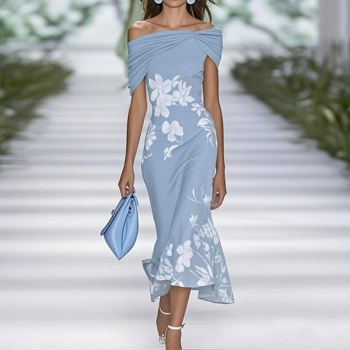 Chic off-shoulder floral midi dress for women, ideal for cocktail parties, summer events, and elegant occasions.