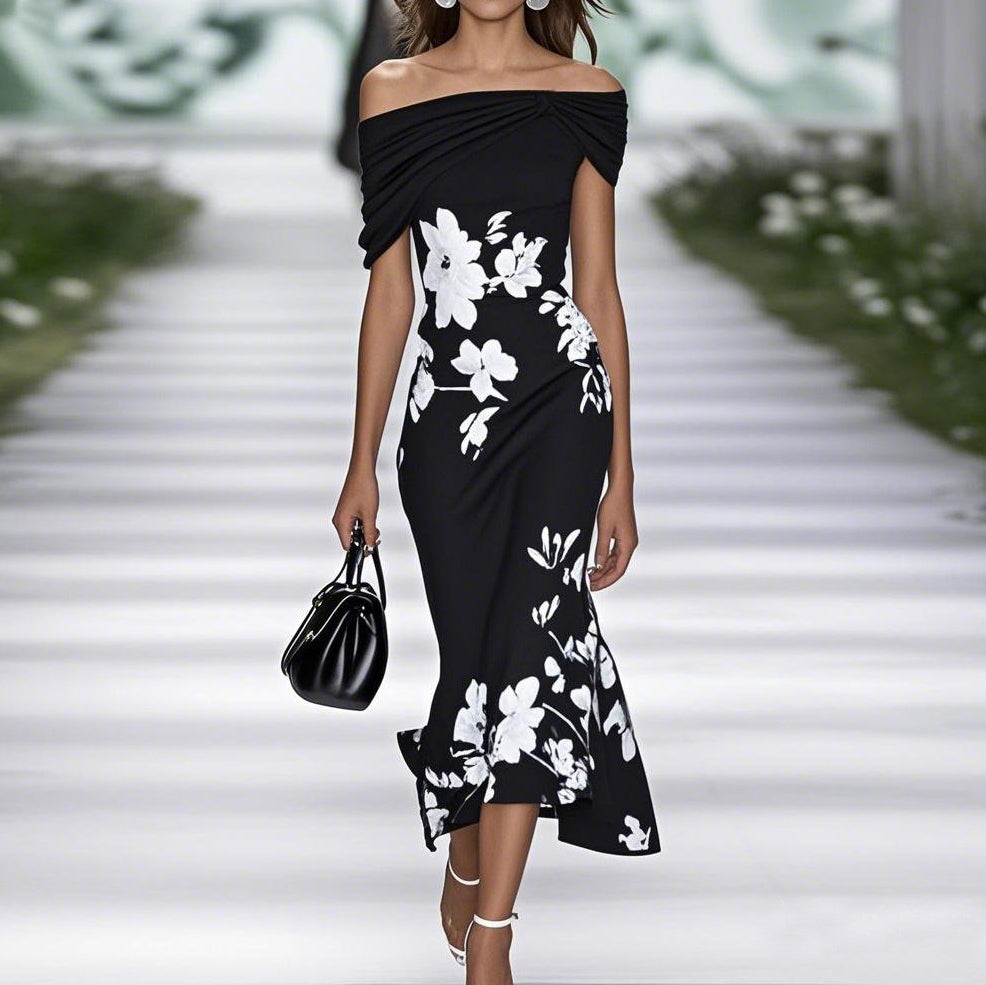 Beautiful women's floral midi dress with an off-shoulder neckline, a fashionable choice for any party or occasion.