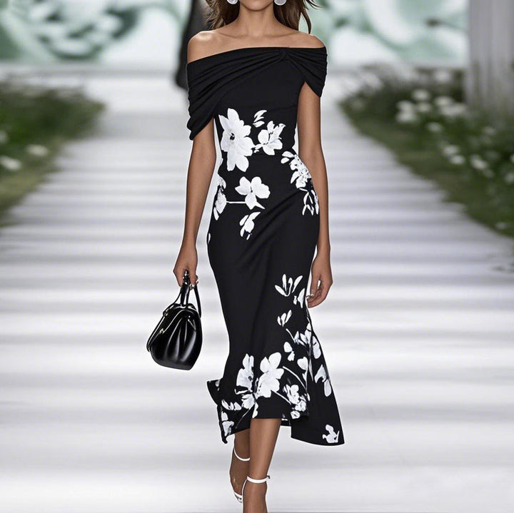 Beautiful women's floral midi dress with an off-shoulder neckline, a fashionable choice for any party or occasion.